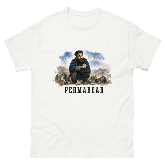 Unisex t-shirt with weathered illustration of a bearded man and Permabear text design