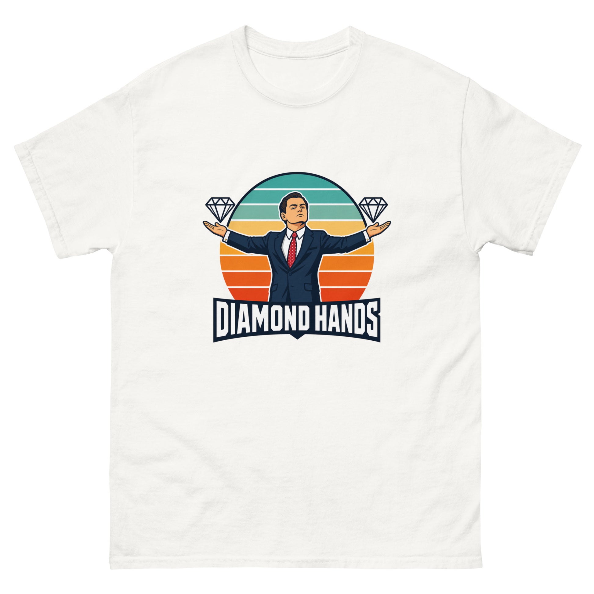 Diamond Hands unisex t-shirt with a Wolf of Wall Street style broker in a suit and polka-dot tie, arms outstretched with a diamond above each open palm on a retro striped arc