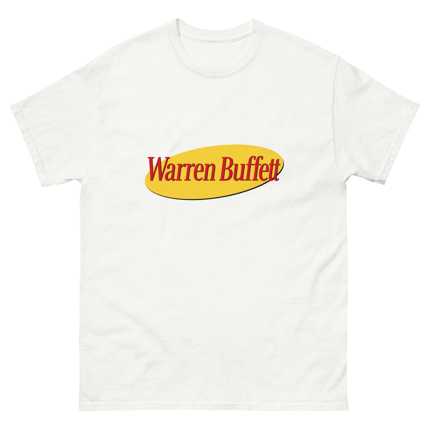 A t-shirt with a print on the chest depicting an oval shape containing the text Warren Buffett