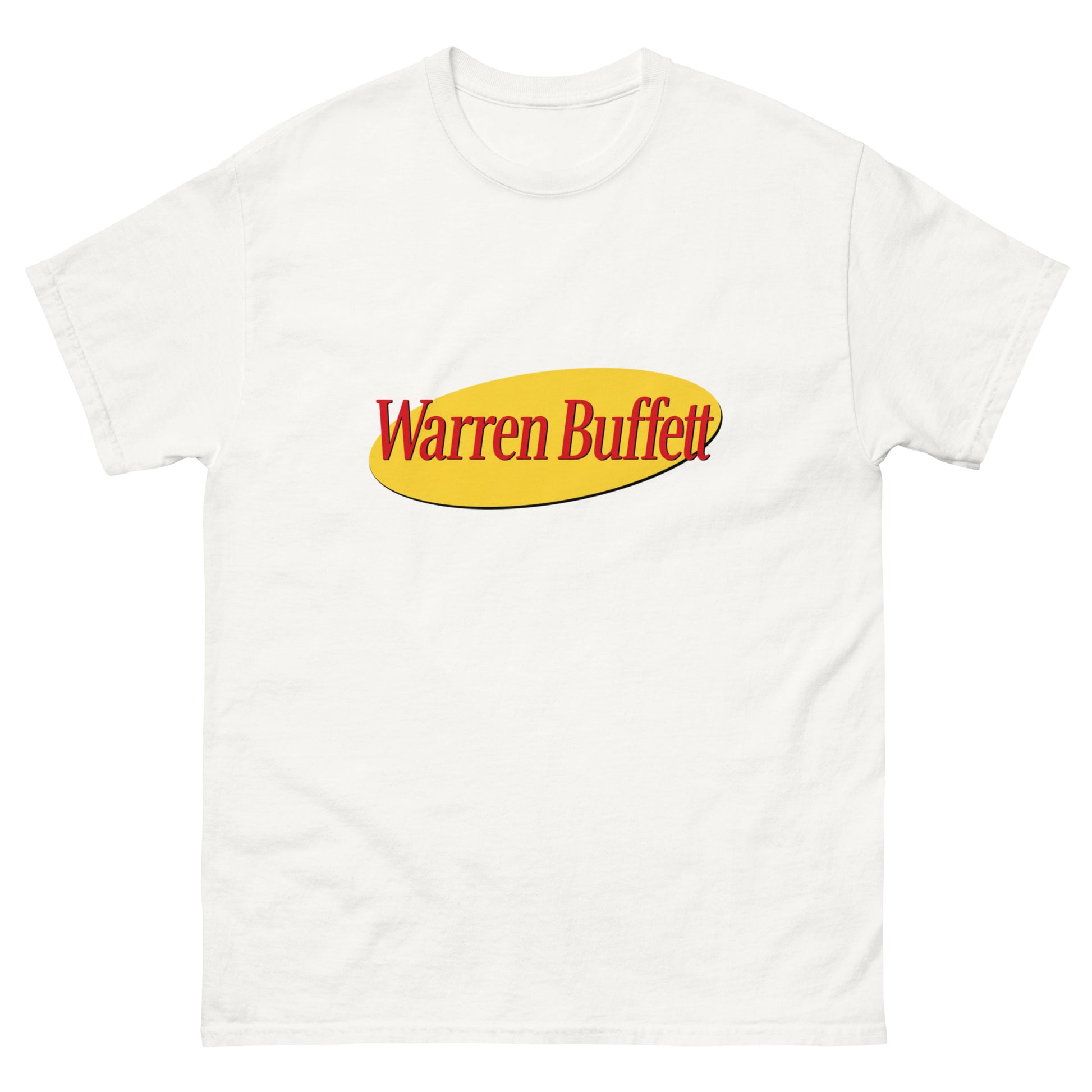 A t-shirt with a print on the chest depicting an oval shape containing the text Warren Buffett