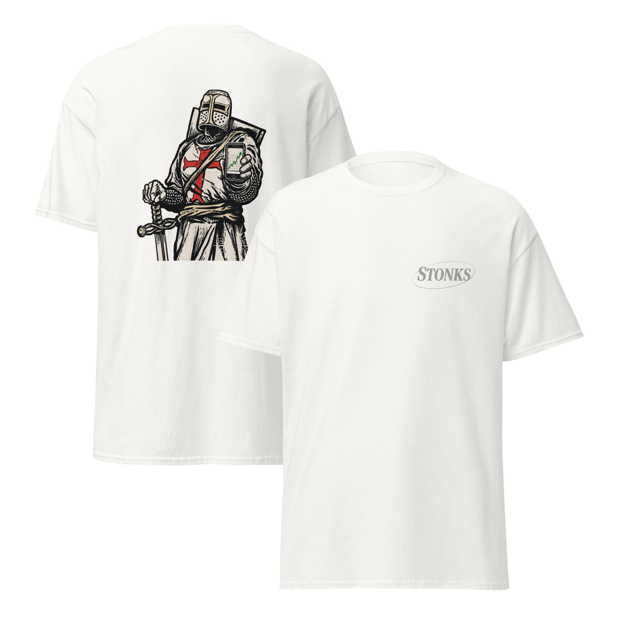 Unisex t-shirt featuring a woodcut-style crusader knight illustration holding a smartphone showing a rising stock chart