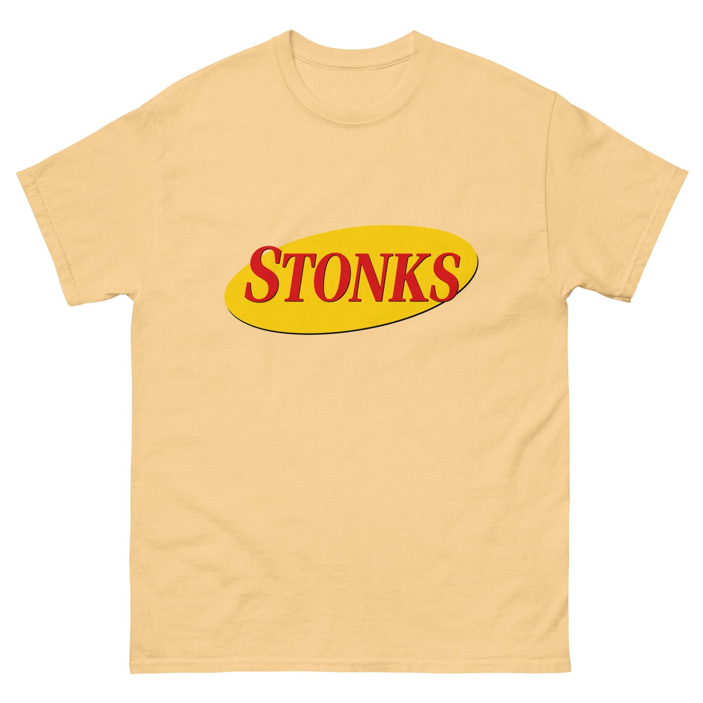 "STONKS" printed in Seinfeld-style lettering on a unisex cotton t-shirt