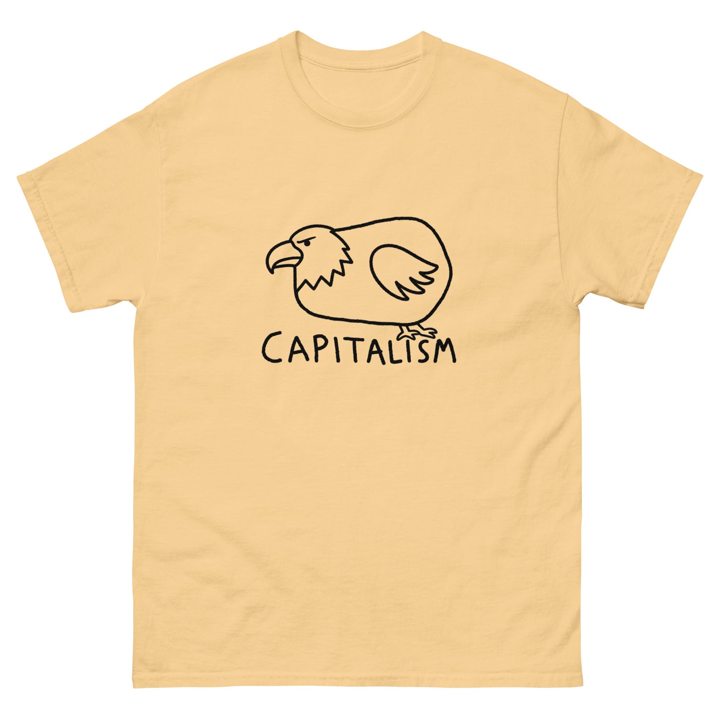 Chubby cartoon bald eagle illustration with "Capitalism" text on a unisex t-shirt