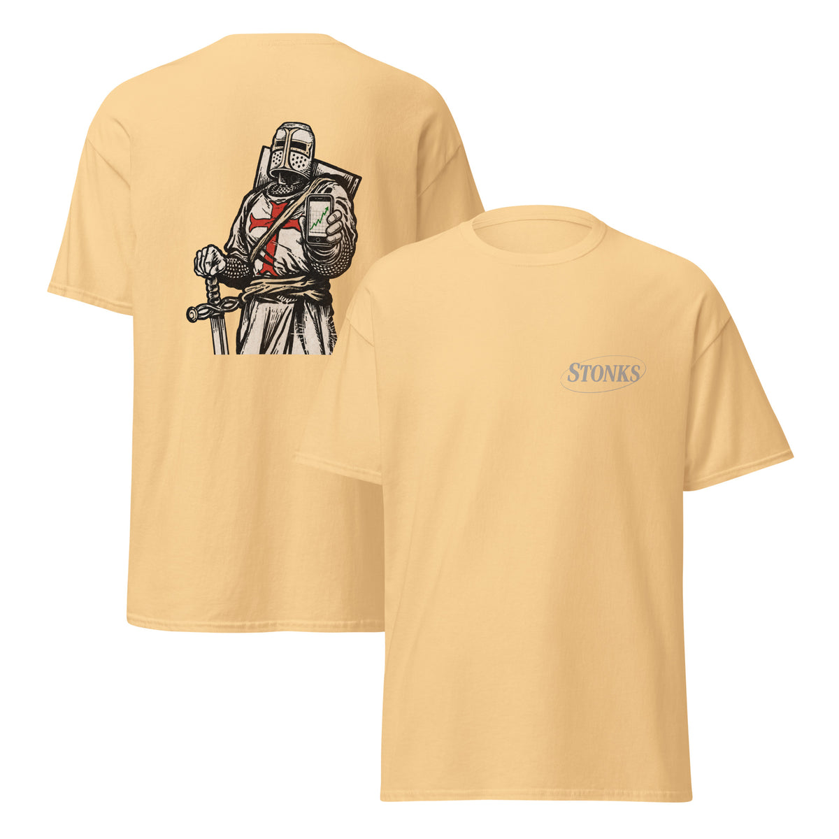 Unisex t-shirt featuring a woodcut-style crusader knight illustration holding a smartphone showing a rising stock chart