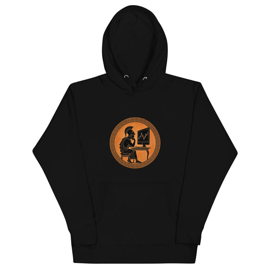 "The Ancient Investor" Greek-pottery-style trader studying a stock chart, pullover hoodie