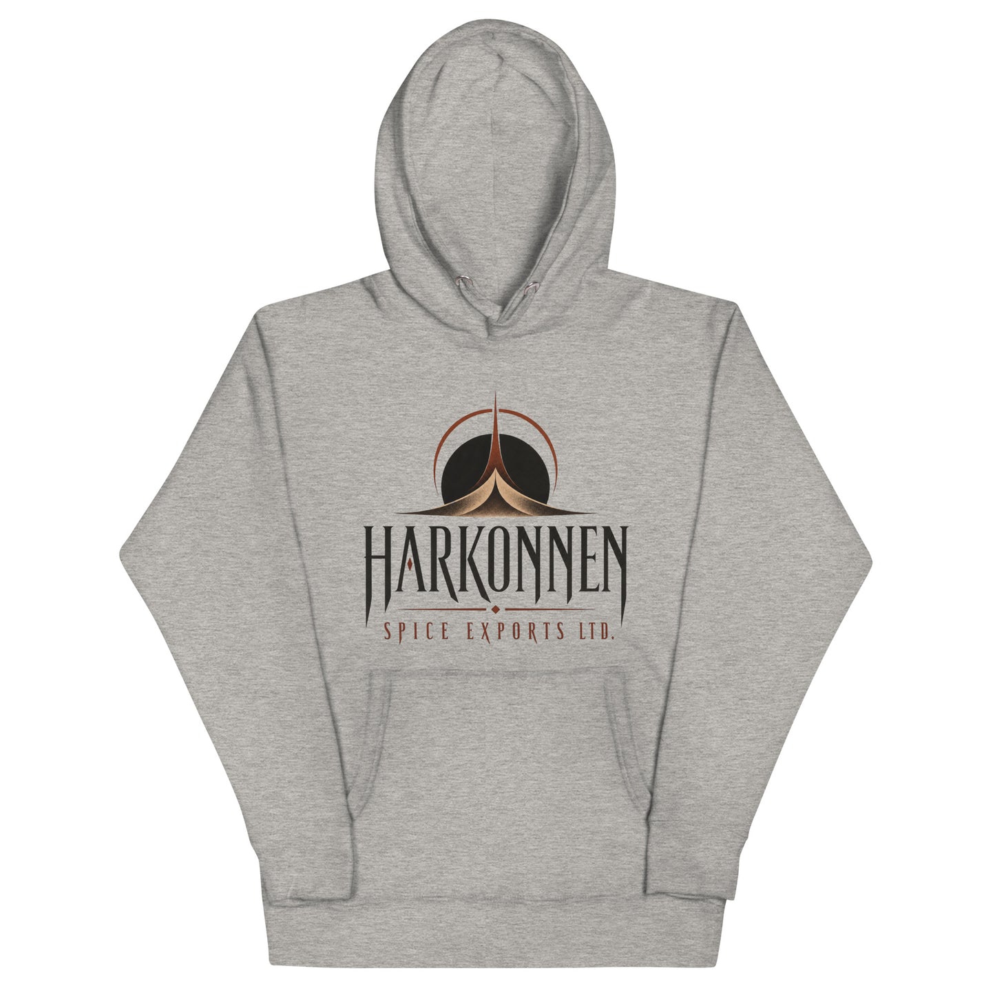 Unisex hoodie with a dark logo of an eclipsed sun above a spired dune formation and sharp serif lettering for a fictional spice export company