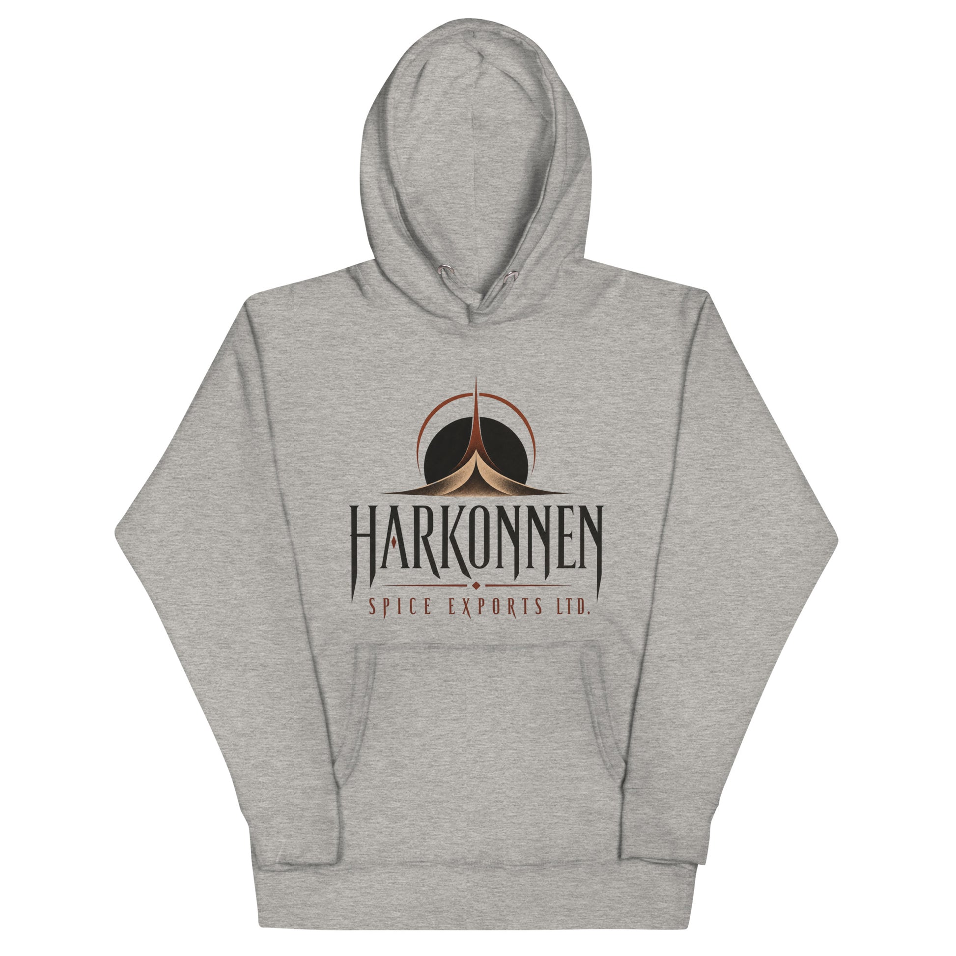 Unisex hoodie with a dark logo of an eclipsed sun above a spired dune formation and sharp serif lettering for a fictional spice export company