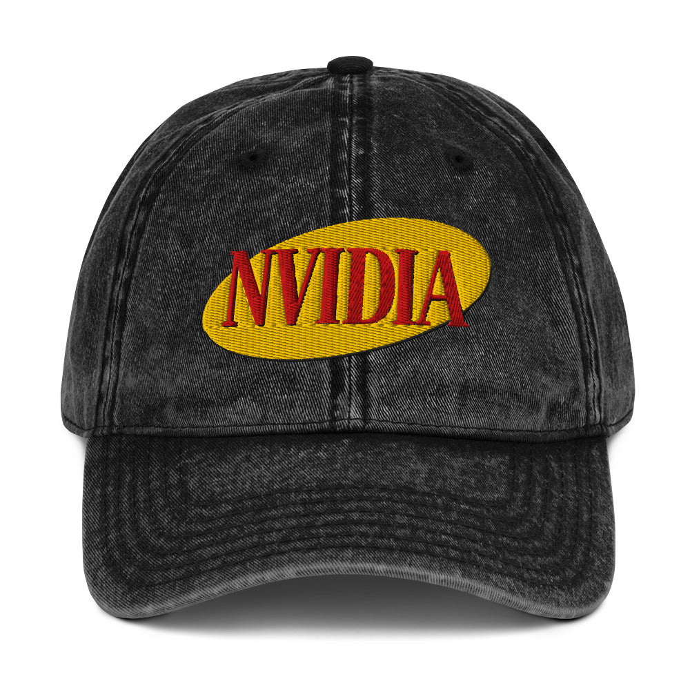 Embroidered "Nvidia" in Seinfeld-style lettering on a vintage washed cotton twill cap