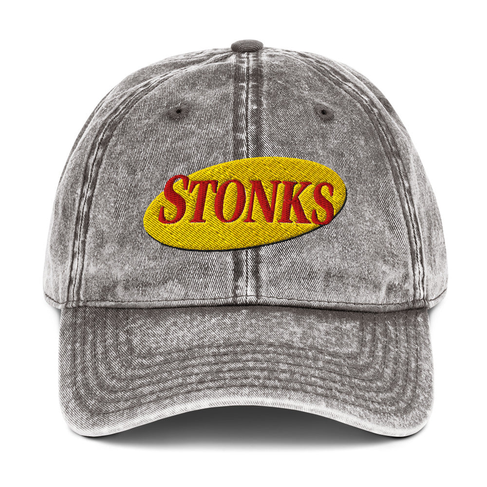 Embroidered "STONKS" in Seinfeld-style lettering on a vintage washed cotton twill cap