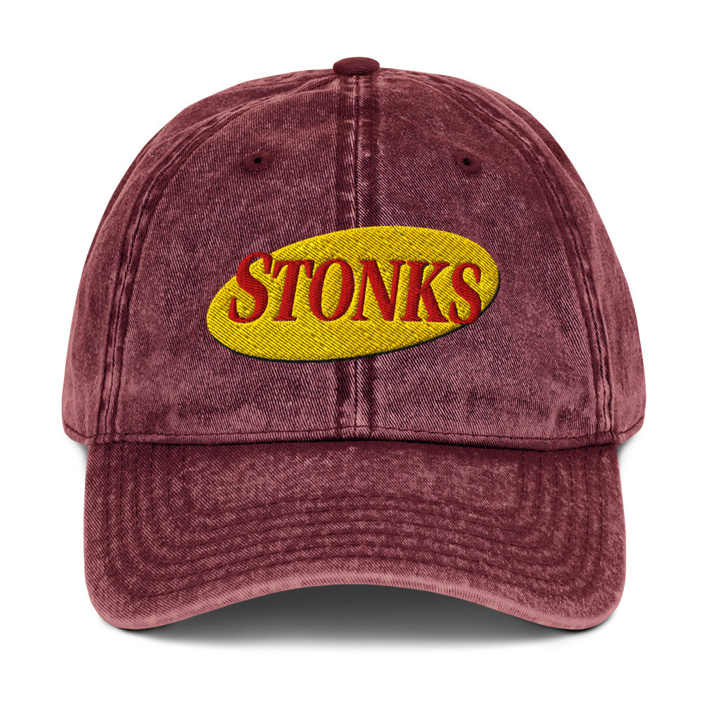 Embroidered "STONKS" in Seinfeld-style lettering on a vintage washed cotton twill cap