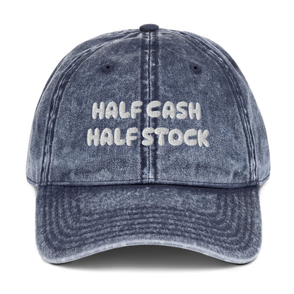 Embroidered "Half cash, half stock" text on a vintage washed cotton twill cap
