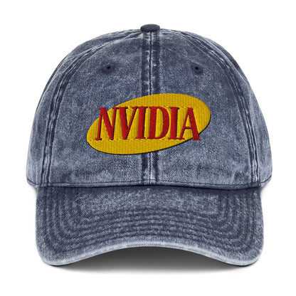 Embroidered "Nvidia" in Seinfeld-style lettering on a vintage washed cotton twill cap