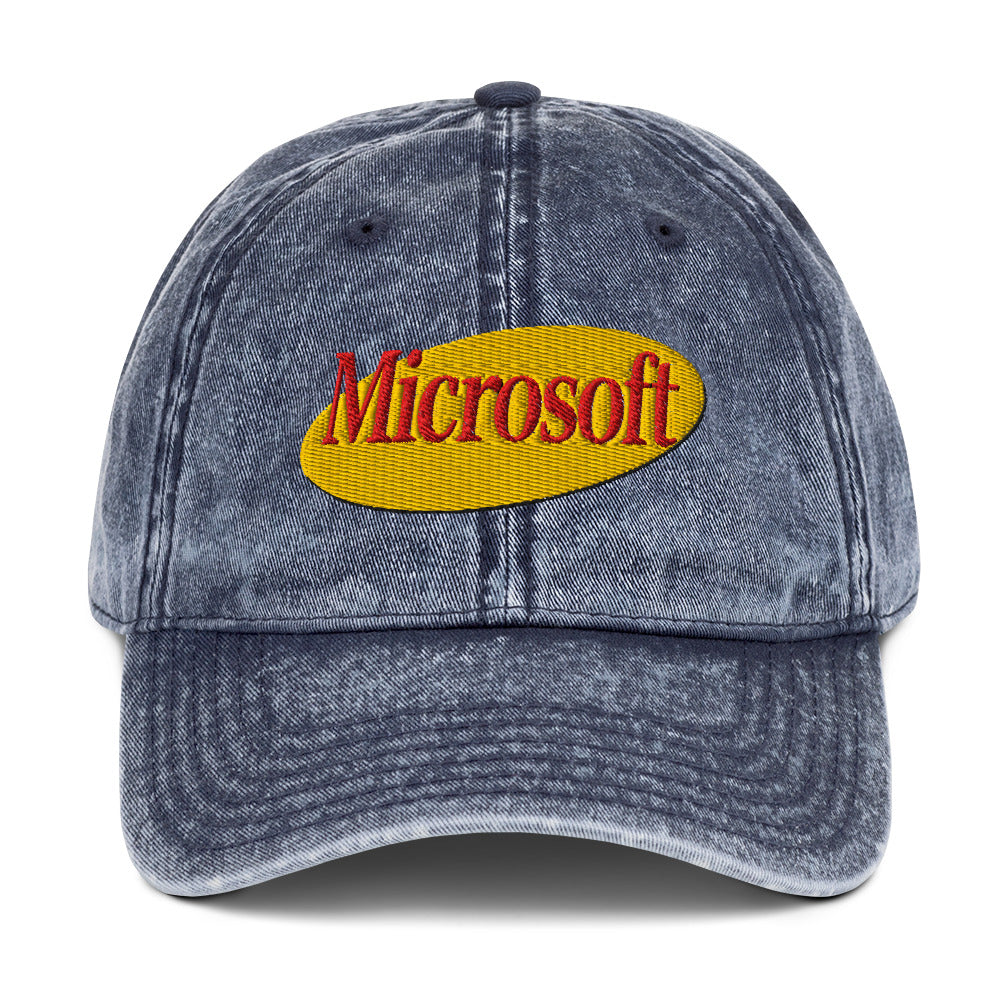 Embroidered "Microsoft" in Seinfeld-style lettering on a vintage washed cotton twill cap