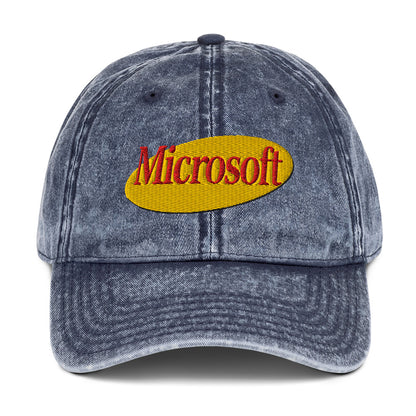 Embroidered "Microsoft" in Seinfeld-style lettering on a vintage washed cotton twill cap