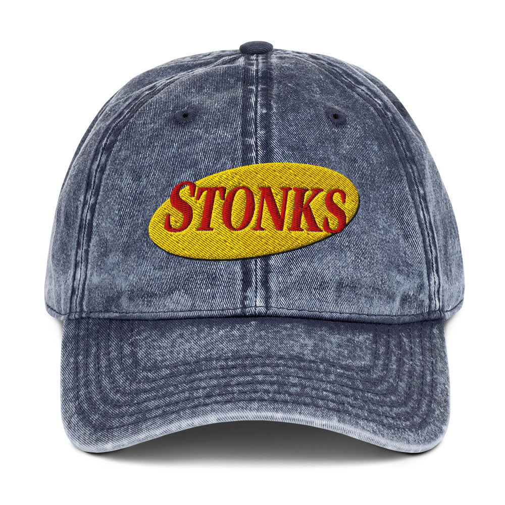 Embroidered "STONKS" in Seinfeld-style lettering on a vintage washed cotton twill cap