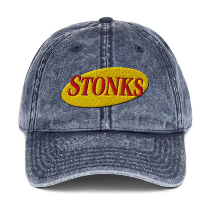 Embroidered "STONKS" in Seinfeld-style lettering on a vintage washed cotton twill cap