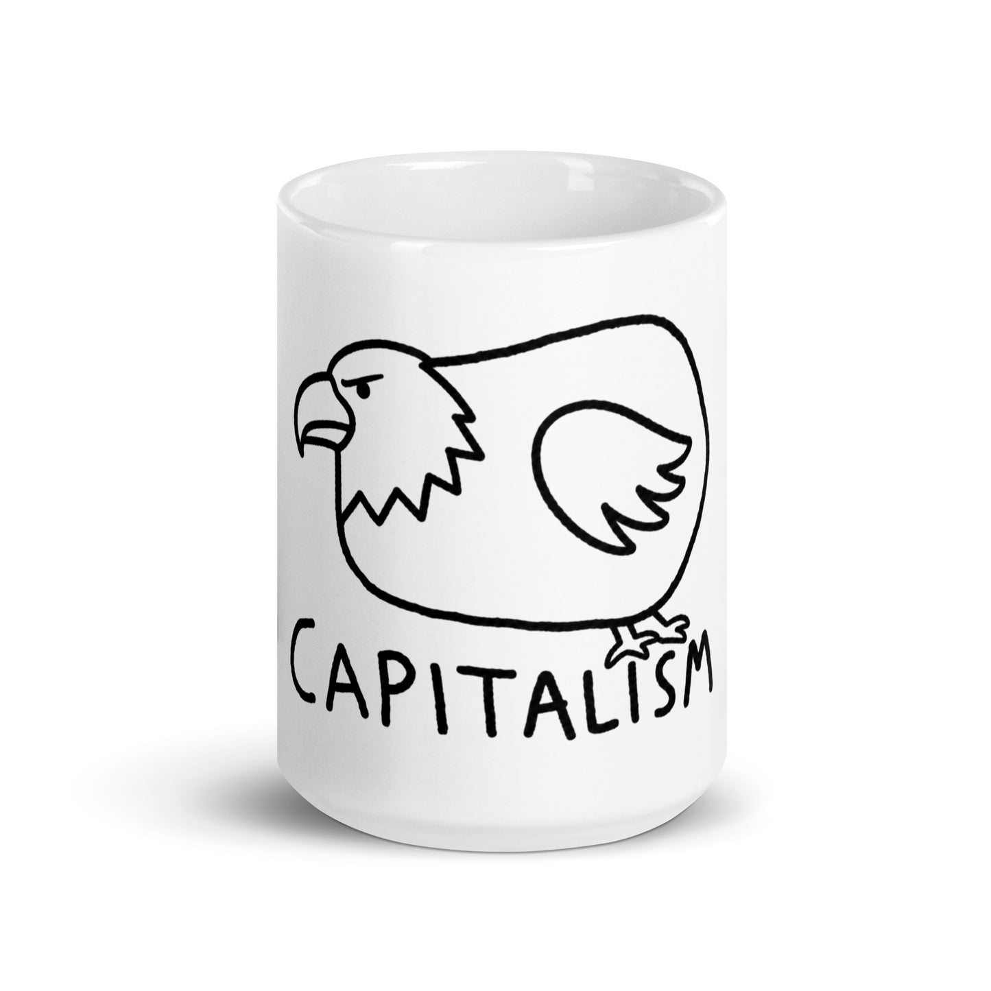 Chubby cartoon bald eagle illustration with "Capitalism" text on a ceramic mug