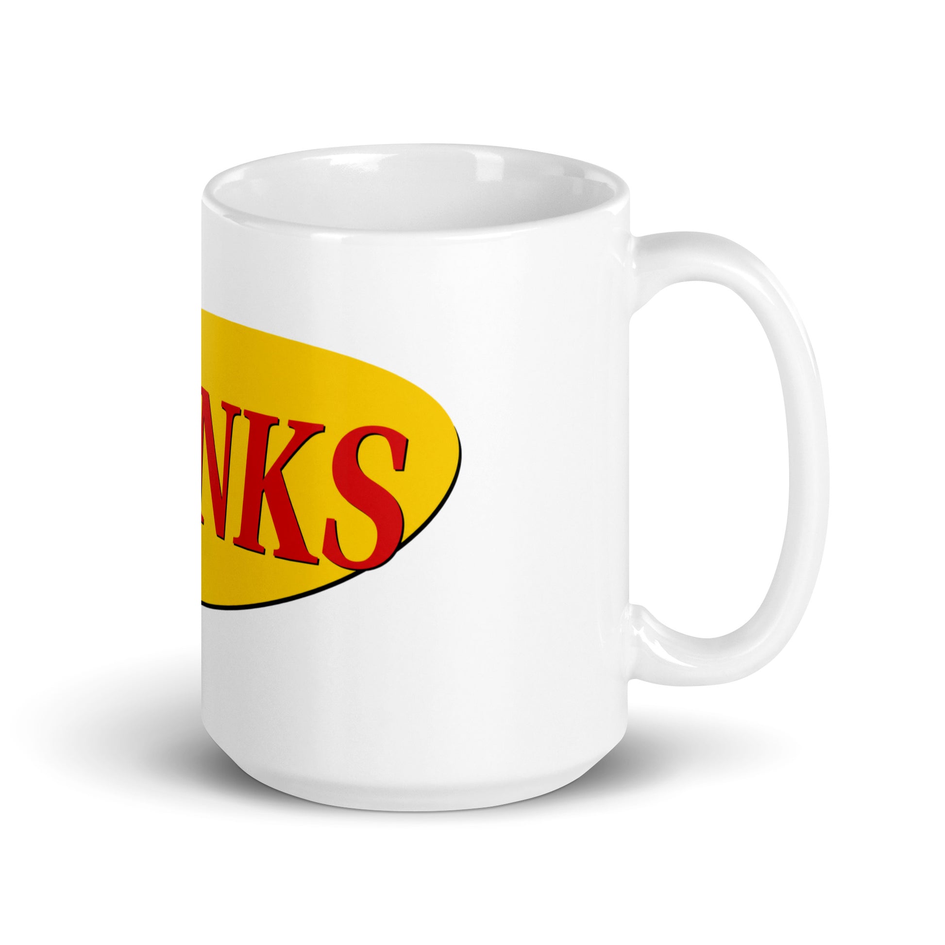 "STONKS" in yellow oval retro sitcom-style lettering on a ceramic mug
