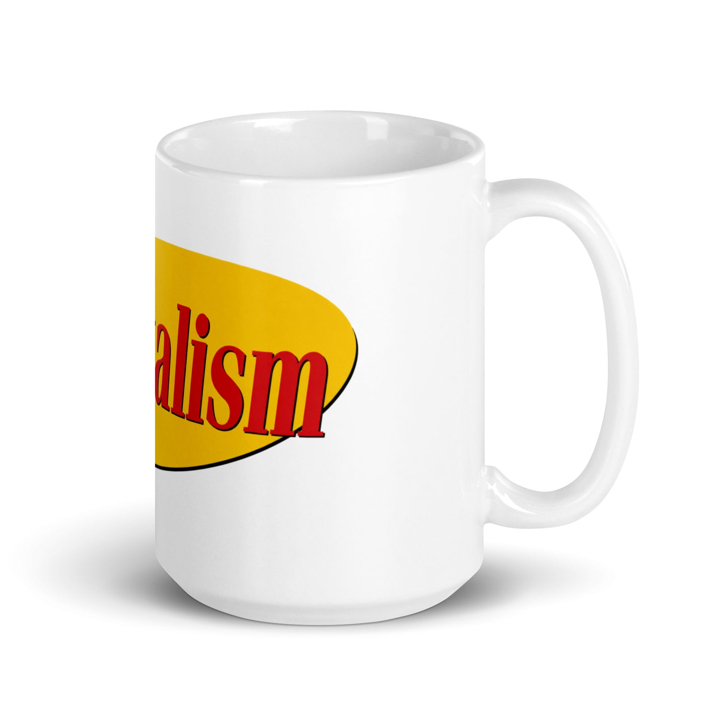 "Capitalism" in yellow oval retro sitcom-style lettering on a ceramic mug