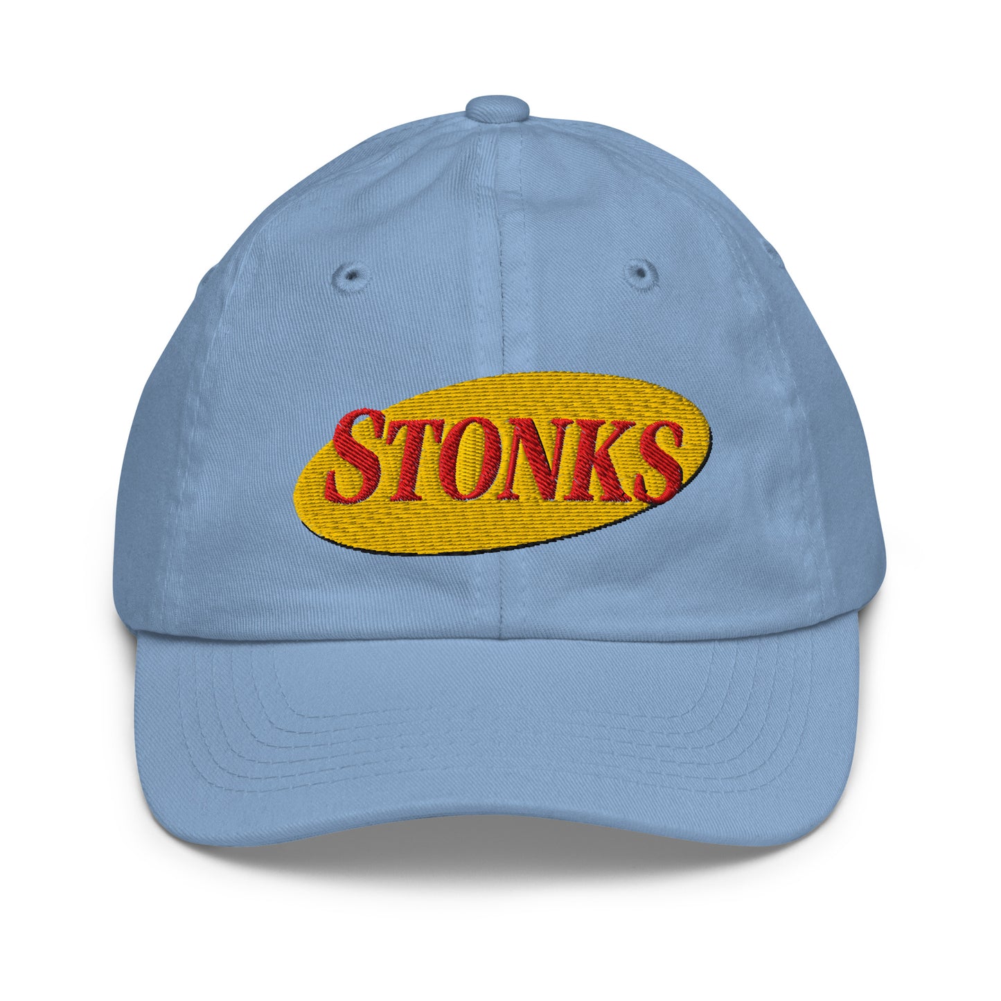 Youth baseball cap with the word Stonks embroidered in bold lettering