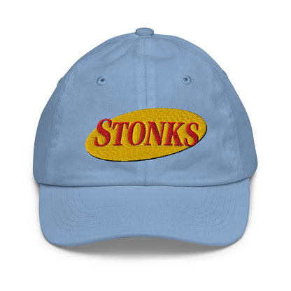 Youth baseball cap with the word Stonks embroidered in bold lettering