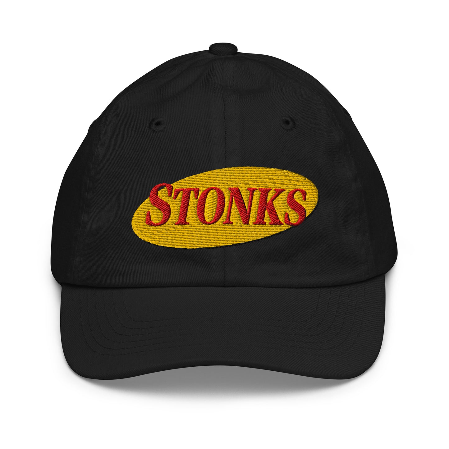 Youth baseball cap with the word Stonks embroidered in bold lettering
