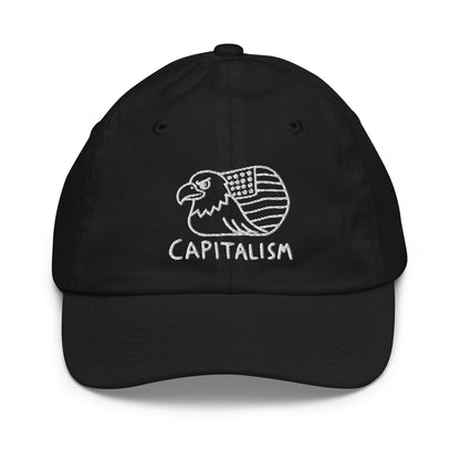 Youth baseball cap with a hand-drawn line art eagle with a flag wing above the word Capitalism