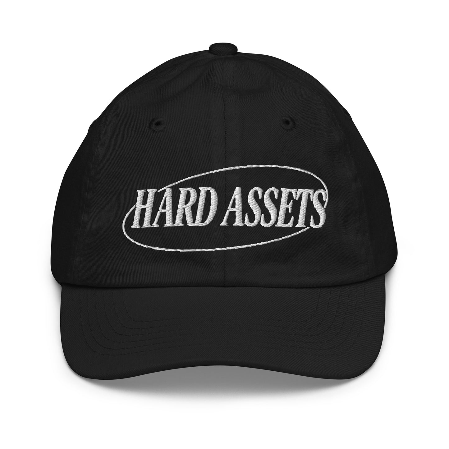 Youth baseball cap with the words Hard Assets in a serif typeface inside an oval badge outline