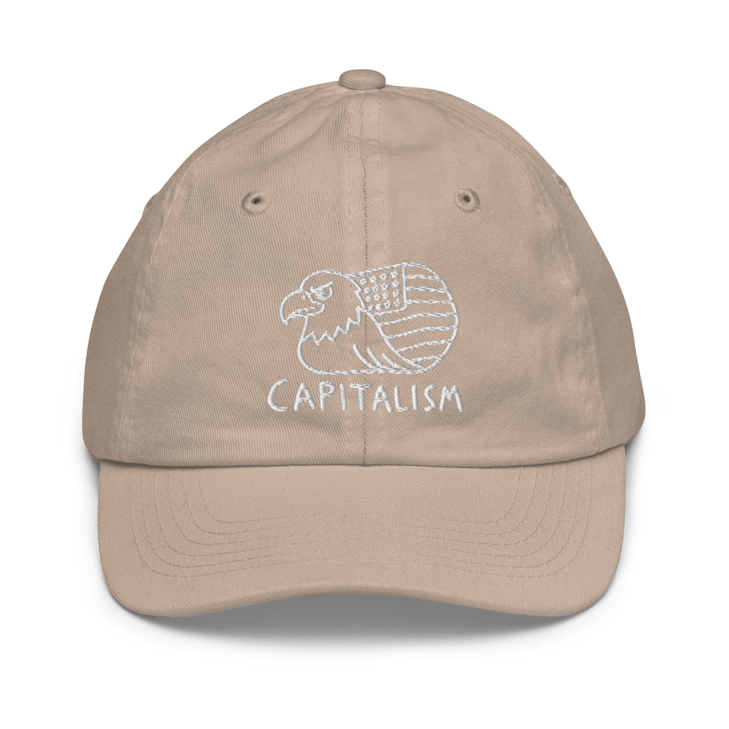 Youth baseball cap with a hand-drawn line art eagle with a flag wing above the word Capitalism