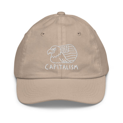 Youth baseball cap with a hand-drawn line art eagle with a flag wing above the word Capitalism