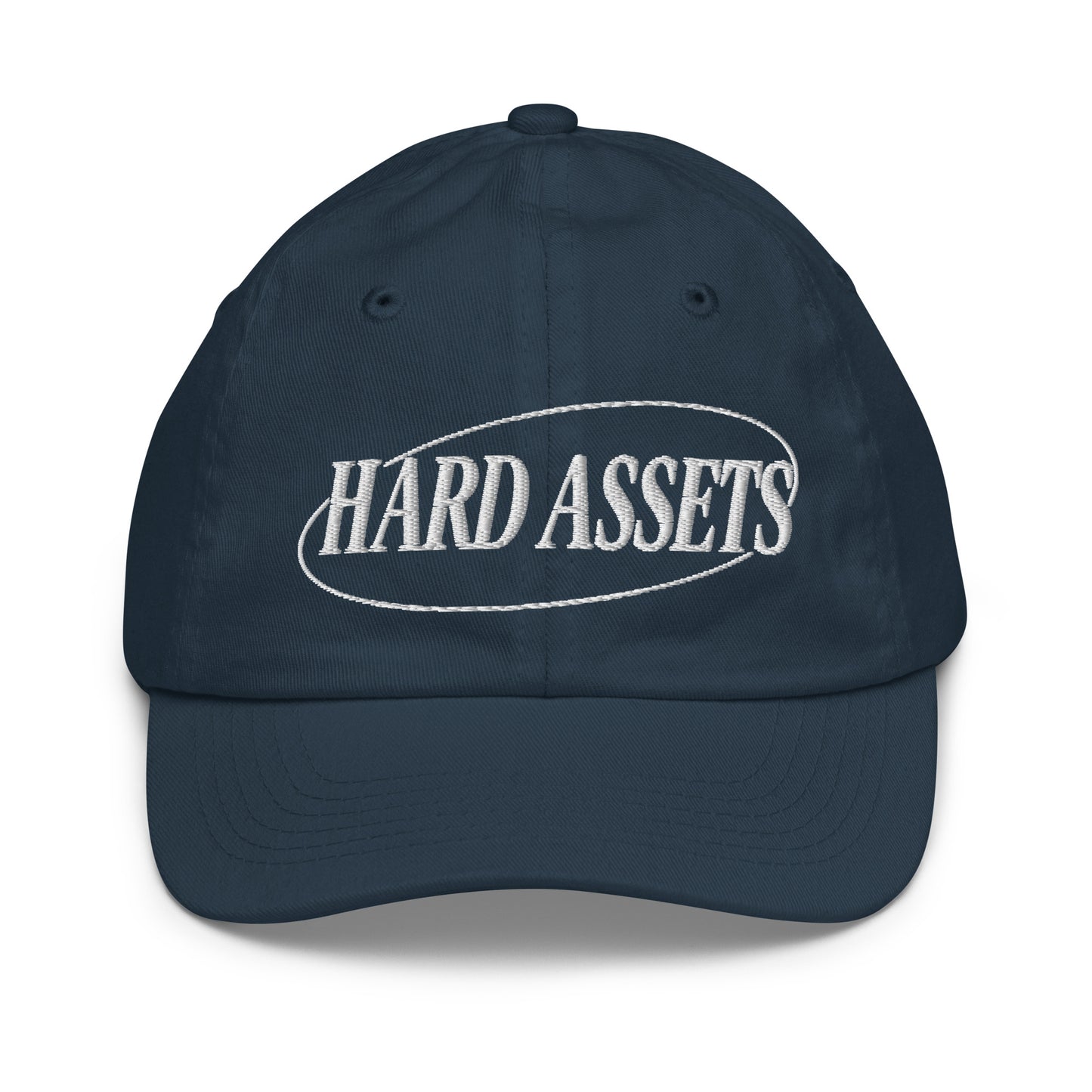 Youth baseball cap with the words Hard Assets in a serif typeface inside an oval badge outline