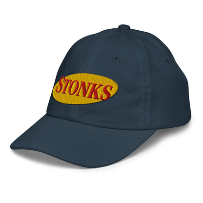 Youth baseball cap with the word Stonks embroidered in bold lettering