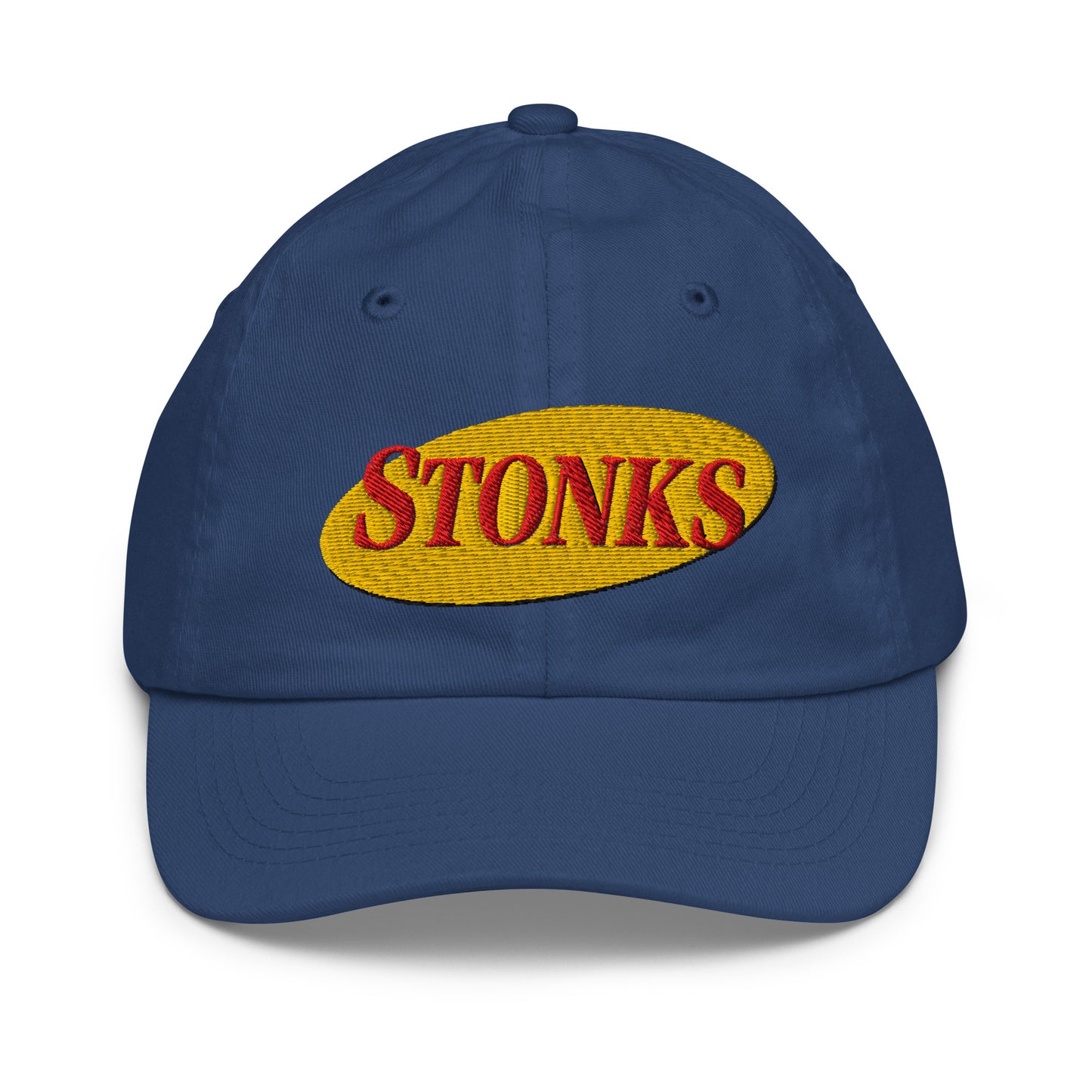 Youth baseball cap with the word Stonks embroidered in bold lettering