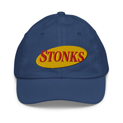 Youth baseball cap with the word Stonks embroidered in bold lettering