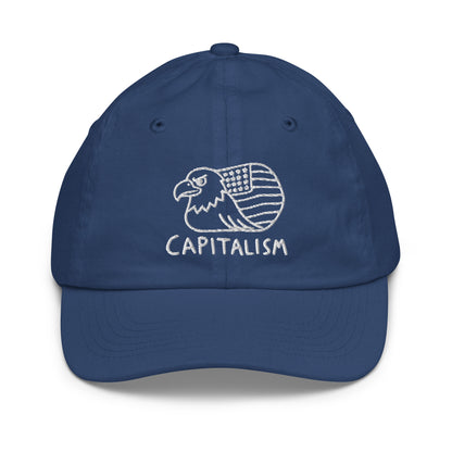 Youth baseball cap with a hand-drawn line art eagle with a flag wing above the word Capitalism