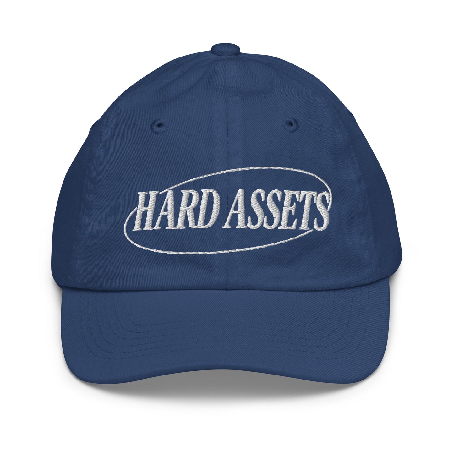 Youth baseball cap with the words Hard Assets in a serif typeface inside an oval badge outline